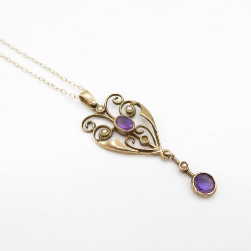 7 - 9ct Gold Amethyst And Pearl Set Pendant Necklace (2.6g)