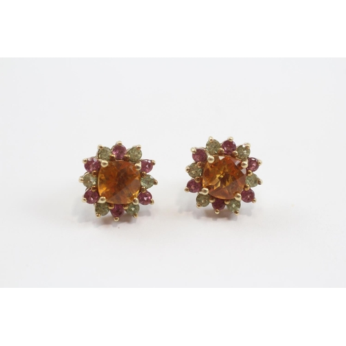 114 - 9ct Gold Citrine, Tourmaline, And Green Gemstone Set Cluster Stud Earrings (2.5g)