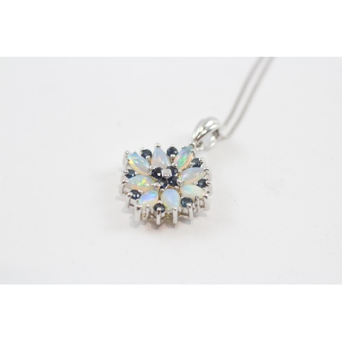 117 - 9ct White Gold Opal And Sapphire Set Cluster Pendant Necklace (3.3g)