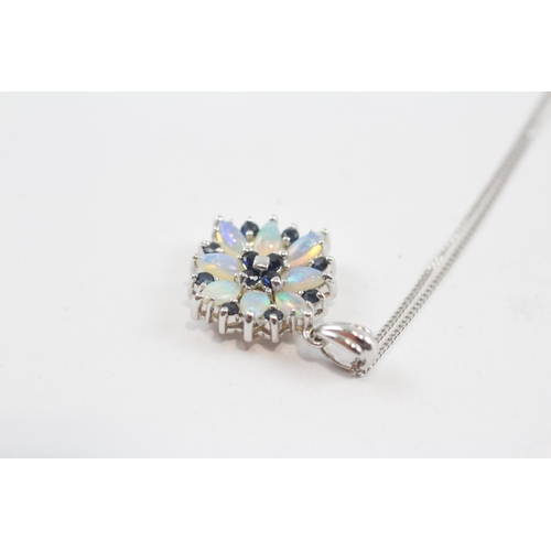 117 - 9ct White Gold Opal And Sapphire Set Cluster Pendant Necklace (3.3g)