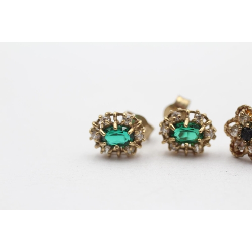 12 - 2 X 9ct Gold Paired Gemstone Earrings Inc. Green Paste, Sapphire & Clear Gemstone (3.7g)