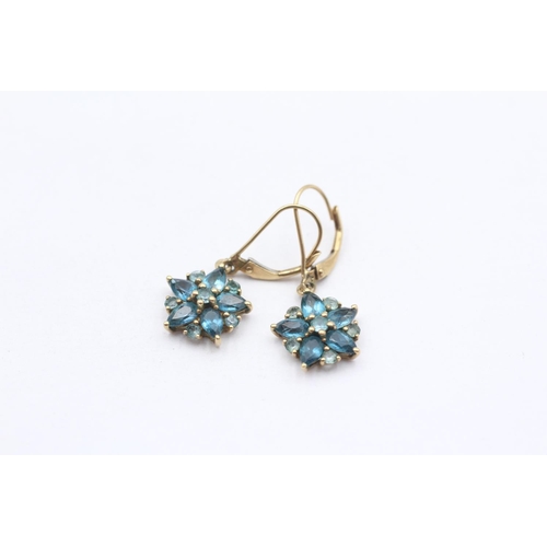 125 - 9ct Gold Vintage Blue Topaz Floral Cluster Drop Earrings (2.4g)