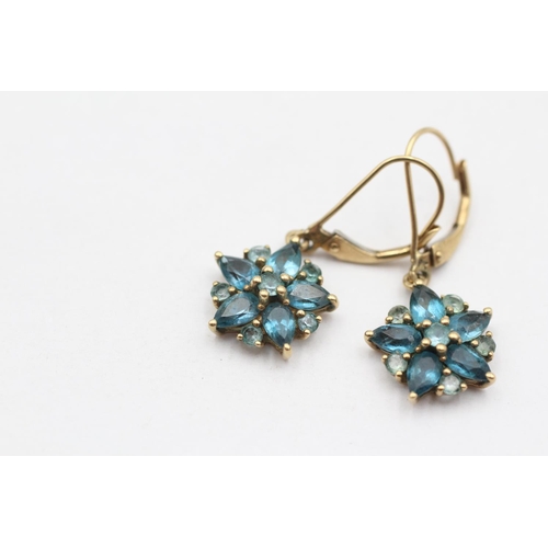 125 - 9ct Gold Vintage Blue Topaz Floral Cluster Drop Earrings (2.4g)