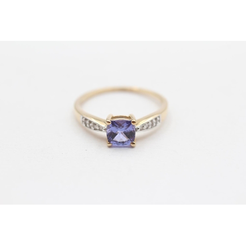 126 - 9ct Gold Cushion Cut Tanzanite, Diamond Accented Shouldered Ring (1.9g) Size  P