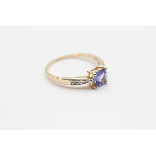 126 - 9ct Gold Cushion Cut Tanzanite, Diamond Accented Shouldered Ring (1.9g) Size  P