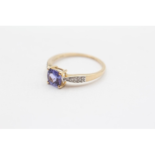 126 - 9ct Gold Cushion Cut Tanzanite, Diamond Accented Shouldered Ring (1.9g) Size  P