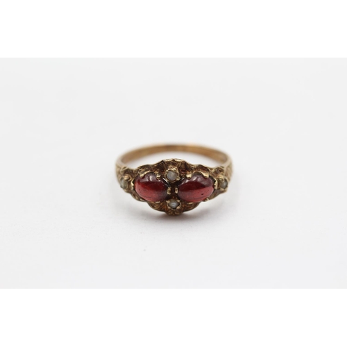 131 - 9ct Gold Vintage Garnet And Seed Pearl Set Dress Ring (2g) Size  L