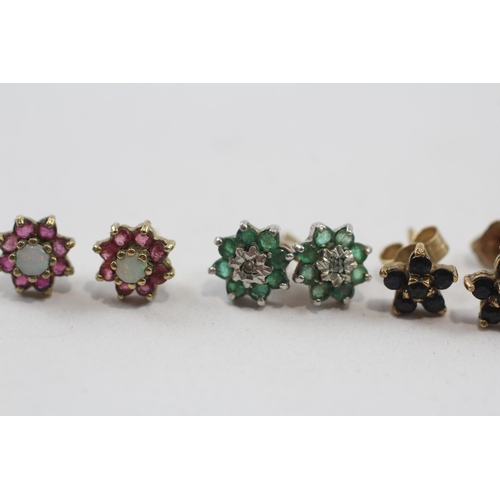 23 - 3 X 9ct Gold Ruby, Sapphire, Emerald, Opal, Diamond Set Stud Earrings (2.9g)
