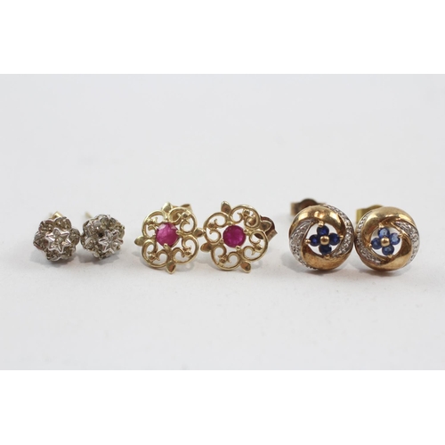 25 - 3 X 9ct Gold Ruby, Sapphire, And Diamond Set Stud Earrings (3.8g)