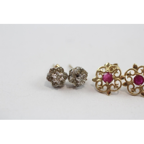 25 - 3 X 9ct Gold Ruby, Sapphire, And Diamond Set Stud Earrings (3.8g)
