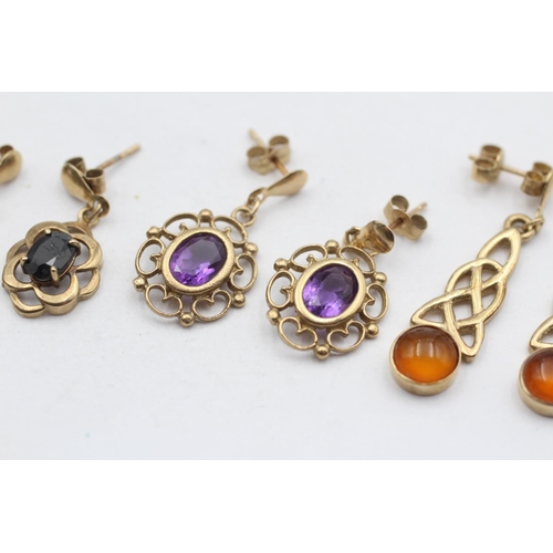 26 - 3 X 9ct Gold Amber, Amethyst And Sapphire Set Drop Earrings (5.5g)