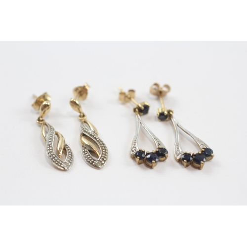 47 - 2 X 9ct Gold Paired Diamond Drop Earrings Inc. Sapphire (3.3g)