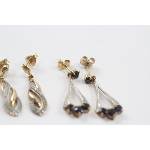 47 - 2 X 9ct Gold Paired Diamond Drop Earrings Inc. Sapphire (3.3g)