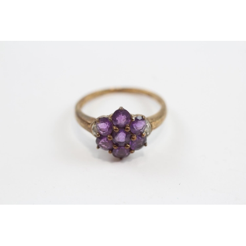 59 - 9ct Gold Amethyst & Diamond Floral Cluster Ring (2.6g) Size  P 1/2