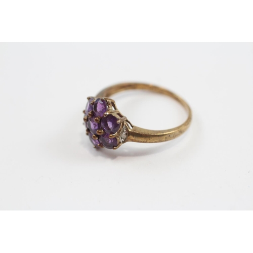 59 - 9ct Gold Amethyst & Diamond Floral Cluster Ring (2.6g) Size  P 1/2