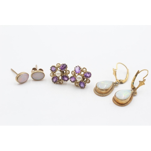 63 - 3 X 9ct Gold Paired Gemstone Earrings Inc. Opal, Amethyst & Pearl (4.8g)