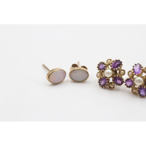 63 - 3 X 9ct Gold Paired Gemstone Earrings Inc. Opal, Amethyst & Pearl (4.8g)