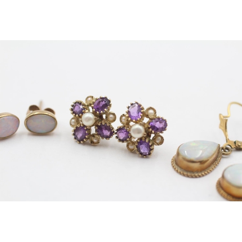 63 - 3 X 9ct Gold Paired Gemstone Earrings Inc. Opal, Amethyst & Pearl (4.8g)