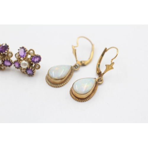 63 - 3 X 9ct Gold Paired Gemstone Earrings Inc. Opal, Amethyst & Pearl (4.8g)