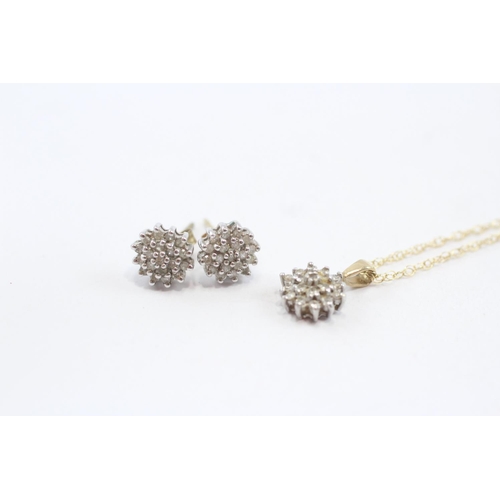 7 - 9ct Gold Diamond Cluster Pendant Necklace & Stud Earrings Set (2.5g)