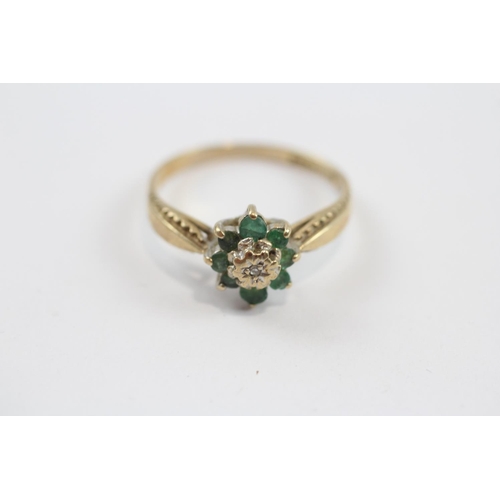 72 - 9ct Gold Diamond & Emerald Floral Cluster Dress Ring (2.2g) Size  P