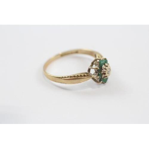 72 - 9ct Gold Diamond & Emerald Floral Cluster Dress Ring (2.2g) Size  P