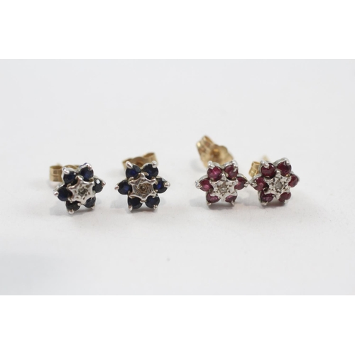 76 - 2 X 9ct Gold Paired Gemstone & Diamond Cluster Earrings Inc. Sapphire & Ruby (2.3g)