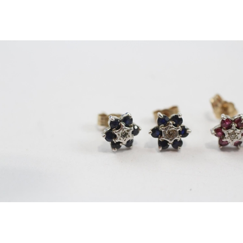 76 - 2 X 9ct Gold Paired Gemstone & Diamond Cluster Earrings Inc. Sapphire & Ruby (2.3g)