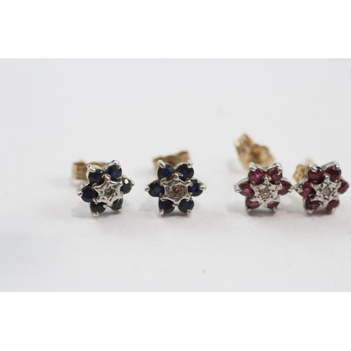 76 - 2 X 9ct Gold Paired Gemstone & Diamond Cluster Earrings Inc. Sapphire & Ruby (2.3g)