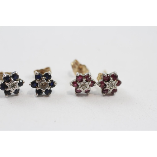 76 - 2 X 9ct Gold Paired Gemstone & Diamond Cluster Earrings Inc. Sapphire & Ruby (2.3g)