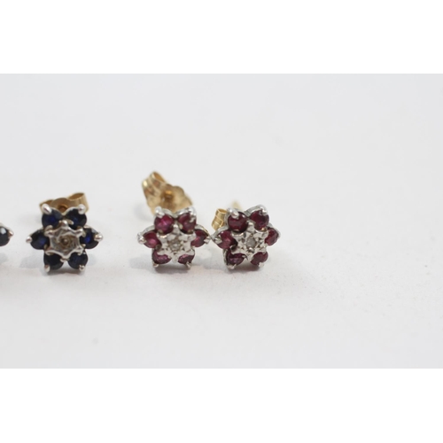 76 - 2 X 9ct Gold Paired Gemstone & Diamond Cluster Earrings Inc. Sapphire & Ruby (2.3g)