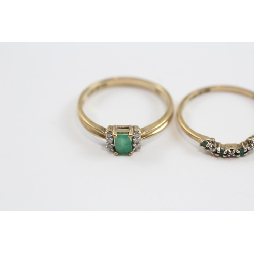 78 - 3 X 9ct Gold Emerald & Diamond Stacking Ring - As Seen (3.2g) Size  N