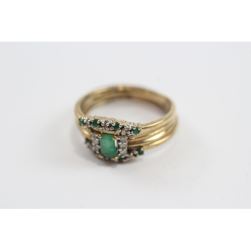 78 - 3 X 9ct Gold Emerald & Diamond Stacking Ring - As Seen (3.2g) Size  N