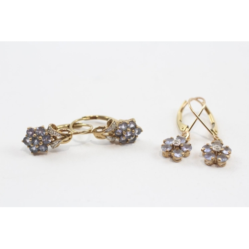 79 - 2 X 9ct Gold Paired Tanzanite & Diamond Cluster Drop Earrings (3.8g)