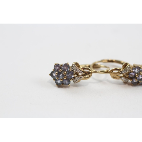 79 - 2 X 9ct Gold Paired Tanzanite & Diamond Cluster Drop Earrings (3.8g)