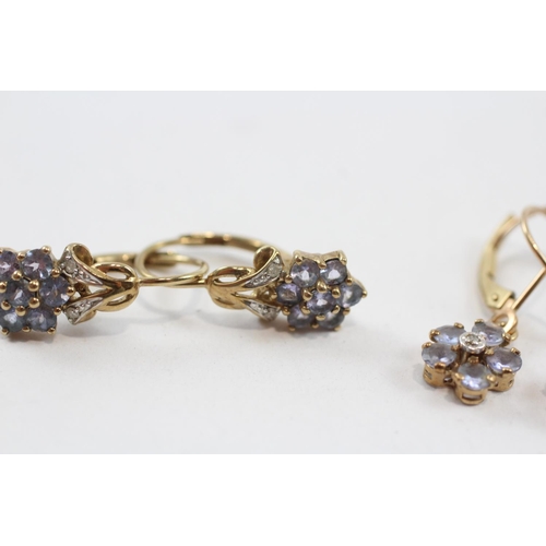 79 - 2 X 9ct Gold Paired Tanzanite & Diamond Cluster Drop Earrings (3.8g)