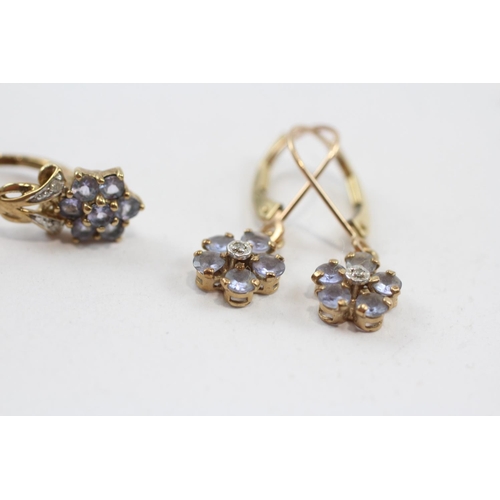 79 - 2 X 9ct Gold Paired Tanzanite & Diamond Cluster Drop Earrings (3.8g)