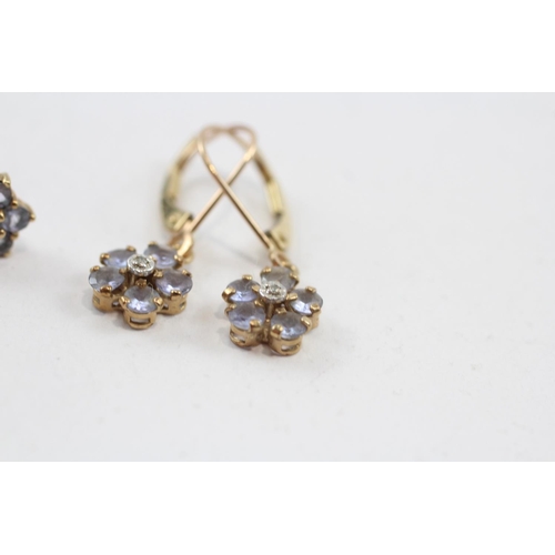 79 - 2 X 9ct Gold Paired Tanzanite & Diamond Cluster Drop Earrings (3.8g)