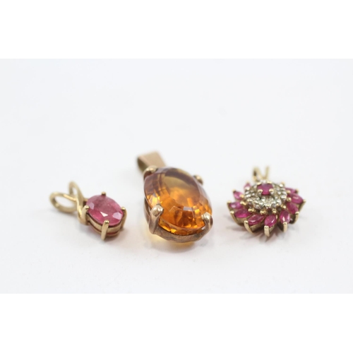 8 - 3 X 9ct Gold Gemstone Set Pendants Inc. Glass Filled Ruby, Synthetic Ruby, White Gemstone & Citrine ... 