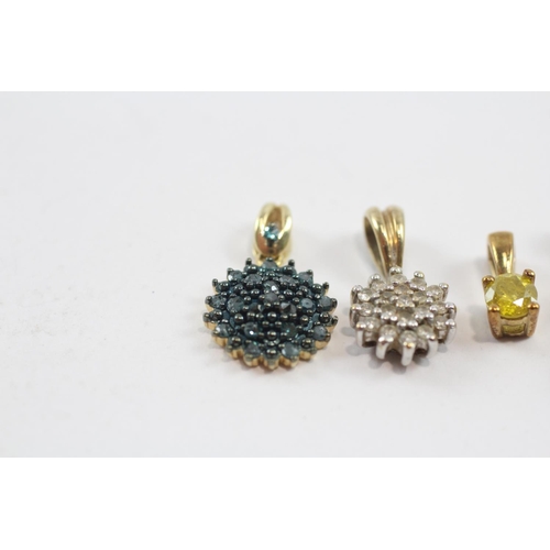 80 - 4x 9ct gold diamond and coloured diamonds pendants 4g