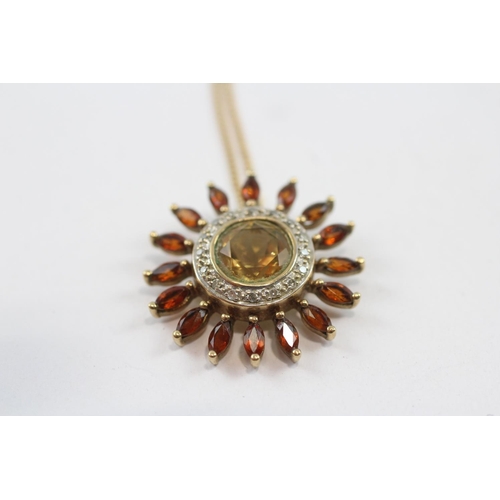 82 - 9ct Gold Garnet, Citrian And Diamond Set Sunflower Pendant Necklace (4.2g)