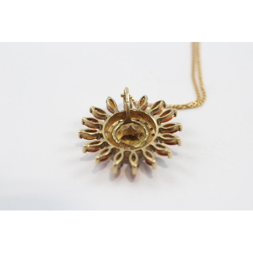 82 - 9ct Gold Garnet, Citrian And Diamond Set Sunflower Pendant Necklace (4.2g)