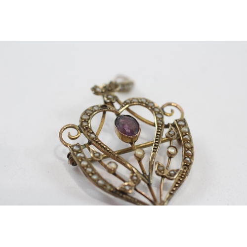 84 - 2 X 9ct Gold Antique Amethyst & Seed Pearl Pendants (5.2g)