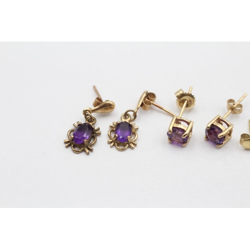 9 - 3 X 9ct Gold Paired Amethyst Earrings Inc. Stud & Drop (3.1g)
