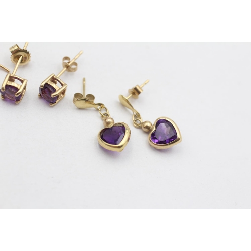 9 - 3 X 9ct Gold Paired Amethyst Earrings Inc. Stud & Drop (3.1g)
