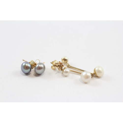 90 - 2 X 9ct Gold Paired Pearl Earrings Inc. Stud & Drop (1.9g)