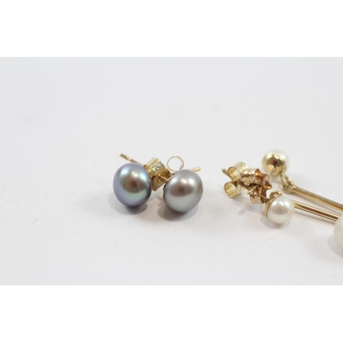 90 - 2 X 9ct Gold Paired Pearl Earrings Inc. Stud & Drop (1.9g)