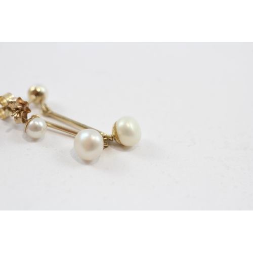 90 - 2 X 9ct Gold Paired Pearl Earrings Inc. Stud & Drop (1.9g)