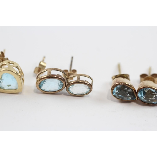 96 - 3 X 9ct Gold Paired Blue Topaz Stud Earrings (5.2g)