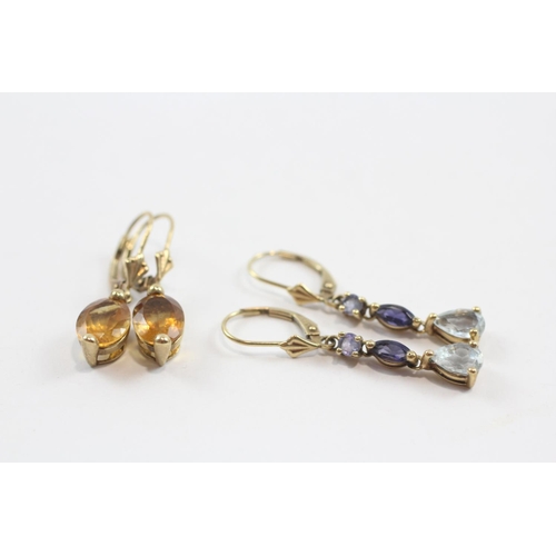 98 - 2 X 9ct Gold Paired Gemstone Drop Earrings Inc. Citrine & Blue Topaz (4.5g)